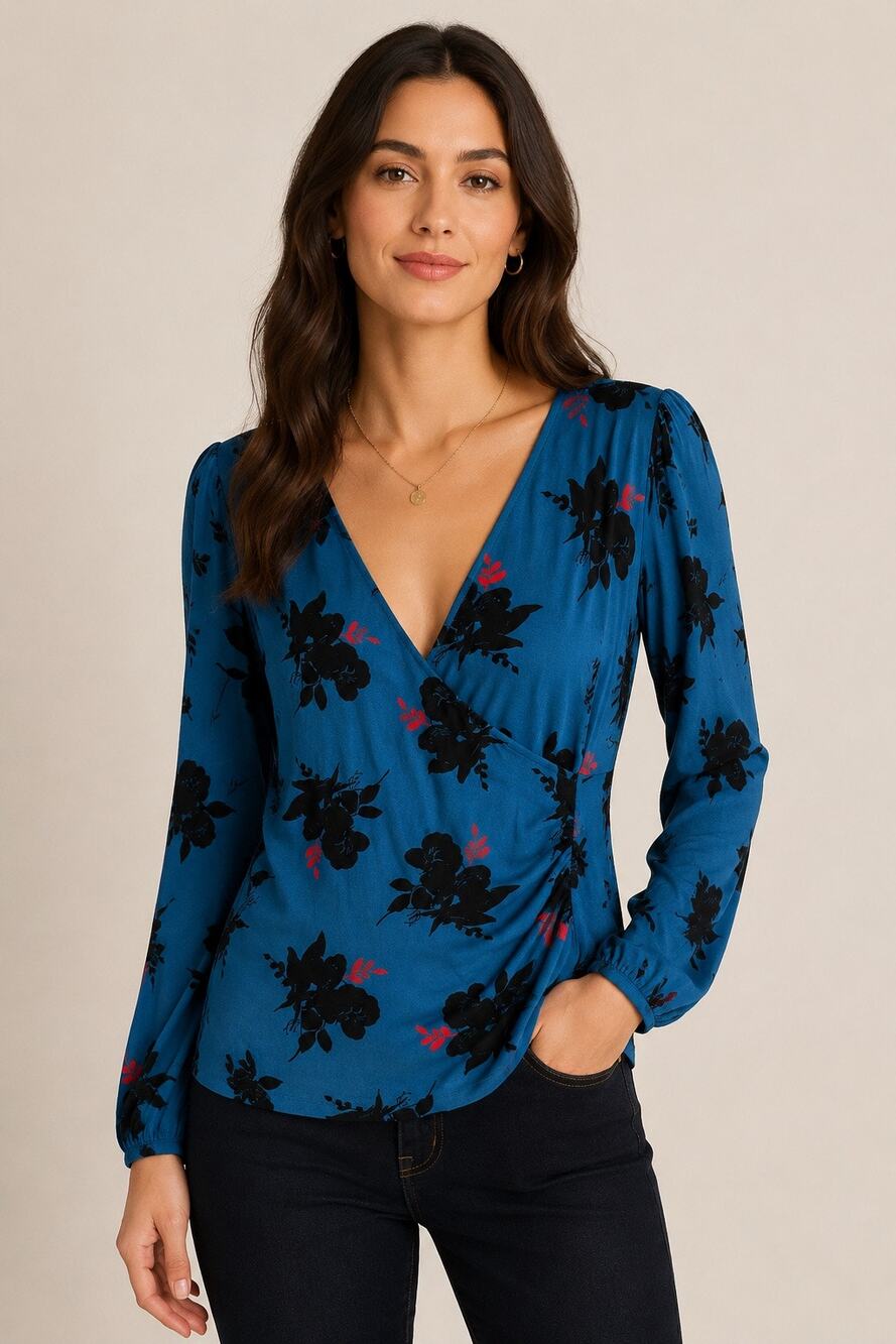 Boden Blue Floral Faux Wrap Top Size 6 UK10 Long Sleeve Stretch Blouse